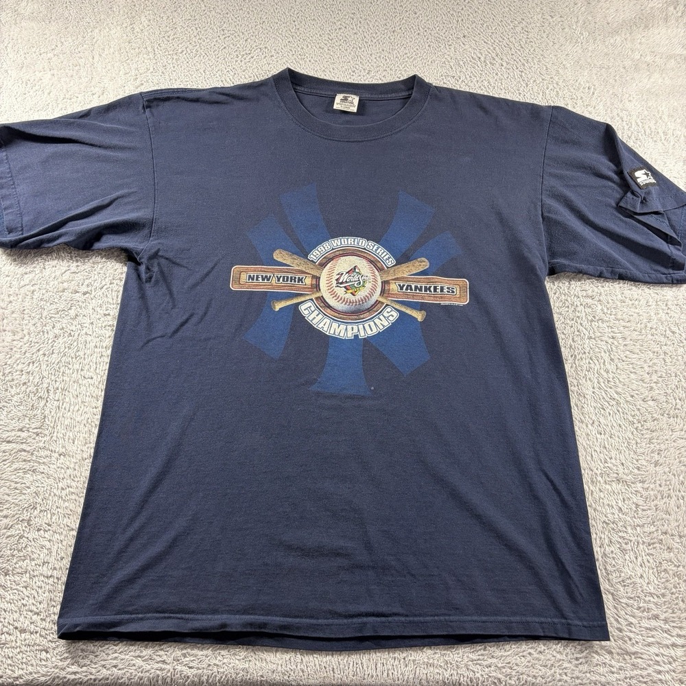 NY Yankees 1998 World Series Shirt Mens XL Blue Starter Double Sided MLB
